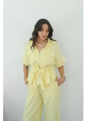 Havoş Yellow Front Zippered Belted Blouse Trousers Set