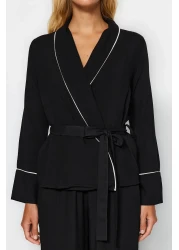 Collection Double Breasted Cut Viscose Black Pajamas Set - Belted and Piping Detail Thmaw22pt1109