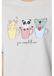  Collection Light Gray Printed T-Shirt and Trousers Knitted Pajamas Set 100% Cotton - Thmss23Pt00134