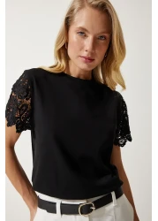 Happiness İstanbul Women's Black Guipure Sleeve Knitted Blouse HF00450