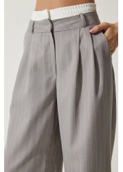 Happiness İstanbul Women's Gray Contrast Waist Detailed Striped Woven Trousers CI00104