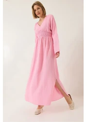 Bianco Lucci Women's V-Neck Waist Gimped Wide Sleeves Slit Detailed Long Cotton Muslin Dress 3016 60283196