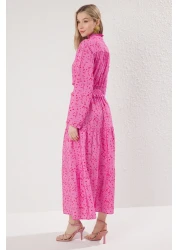  Modest Fuchsia Floral Patterned Gimped Woven Dress Tctss25Eb00087