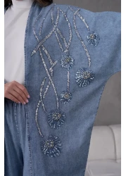 Miss Allos طقم كيمونو نسائي من قماش الدنيم المطرز بالترتر والترتر واللؤلؤ واللؤلؤ وسروال من قماش الدنيم