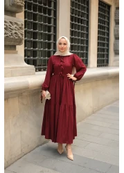 LOCCO فستان نسائي برباط على الخصر باللون العنابي