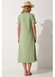 Happiness İstanbul فستان نسائي صيفي من القطن الممشط باللون الأخضر على شكل حرف A UB00060