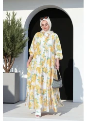 Aselim Hijap Moda فستان صيفي منقوش بالزهور من القطن باللون الأصفر