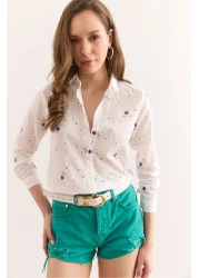 Olalook Women's White Purple Color Floral Cotton Scallop Shirt Gml-19001326