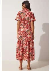 Happiness İstanbul Women's Brick Beige Patterned Summer Cotton Shirt Dress MX00100