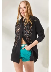 Olalook Women's Black Sequin Sequin Detailed Oversize Shirt GML-19001106