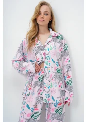 Trend Alaçatı Stili Women's Powder Piping Detailed Digital Printed Satin Long Shirt and Pants Pajama Set Pjm-X13913