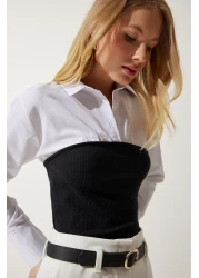 Happiness İstanbul بلوزة قميص بولو بياقة بولو بيضاء وسوداء للنساء AN00174