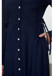 Modest Navy Blue Lacing Button Detailed Woven Shirt Dress Tctaw25Eb00087