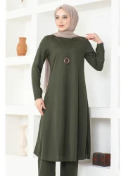 sefamerve Khaki Necklace Tunic and Trousers Set - 0580-04