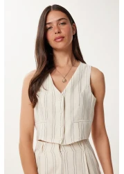 Happiness İstanbul بدلة بنطلون نسائية من الكتان المخطط باللون الأسود الكريمي BV00129