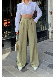 Swist Women's Palazzo Linen Trousers - Double Buttoned and Pleated