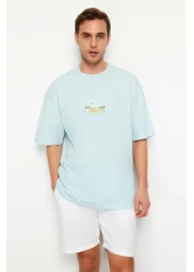  Collection Oversize Blue Embroidered Landscape T-Shirt - 100% Cotton, Short Sleeve - TMNSS23TS00243