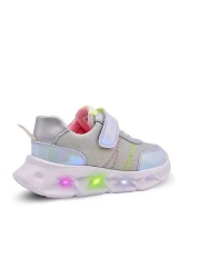 kids A more Valeria Silvery Air Mesh and Vegan Leather Lighted Sole Girls' Sports Shoes Ice Color