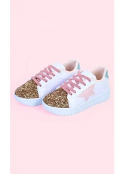 MECH BUTİK Girls' White Sports Shoes Pink Starry Gold Color Sequin Colorful Lace-Up Sneakers