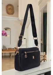 Les Crioch حقيبة كروس نسائية سوداء - 3 أقسام، مبطنة وحزام عمودي قابل للتعديل