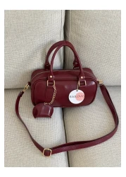 BAGLOVİS Small Leather Charm Detail Small Burgundy Women's Shoulder Bag