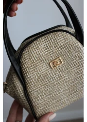 Mimoza حقيبة يد وكتف نسائية من الجلد الصناعي الأسود المزخرف بالقش