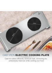 Radiotronics Double Hot Plate - Twin Cooktop, 2500W Power, Adjustable Thermostat, Overheat Protection, Die Cast Iron Hotplates, Stainless Steel Body, Easy Control, Power indicator light