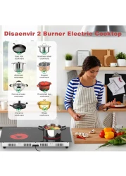 موقد كهربائي بشعلتين - موقد حثي مدمج بقوة ٢٨٠٠ واط مع تحكم باللمس بالإصبع، ١٢ مستوى طاقة ومؤشر لسخونة السطح - تسخين سريع ١٢٠ فولت للأواني/المقالي (أسود/فضي)