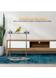 Bird stand, Adjustable stainless steel parrot stand Toy hook, Food bowls, Standing perch, Removable tray, and universal wheels, Bird play stand for indoor and outdoor 141 cm (Silver)