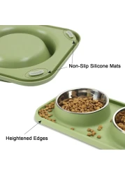 MahMir&reg; Cat Food and Water Bowls, Bowls Non-Skid and Non-Spill Silicone Mats with Stand, Removable Stainless Steel Water Dishes for Cats, Small Size Dogs (Olive Green)