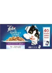Felix As Good As It Looks Mixed Selection In Jelly Cat Food, 40 Pouch Jumbo Pack with Salmon, Chicken, Beef and Tuna 40 x100g,