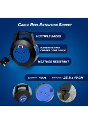 MODI Retractable 3-Way Extension Cord Reel - 10m Cable Reel with Power Button for Home, Office 2000 Watts Power Extension (10M)