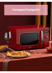 COMFEE' Microwave Oven Retro Vintage 20L 800W With 8 Automatic Menus, 5 Power Levels, Elegant Design, Easy To Use, Compact Size - Passionate Red