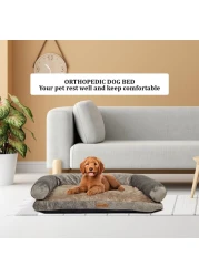 Orthopedic dog bed sofa with U-shaped bolster, Machine washable cover and nonskid bottom, Suitable for medium sized pets, Soft and comfortable dog bed 65 cm L (Khaki)