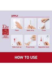 Command 17001ES Utility Hooks, medium, Holds 1.36 Kg. each hook, white color. 2 hooks and 4 strips/pack