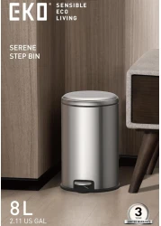 EKO 8L Pedal Bin Serene - Silver Compact Step Round Bin with Soft-Close Lid Fingerprint-Resistant Finish Removable Inner Liner Bag Stabilizer