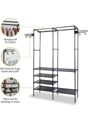2-Tier Garment Rack Shelf Organizer with 2-Floor Hanger &amp; Hooks.Multifunctional Clothing Wardrobe and Shoe Storage Organizer Freestanding Coat Iron stand (Black)
