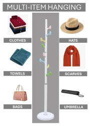رف المعاطف Arfan القائم بذاته – علاقة ملابس معدنية مع 8 خطافات متعددة الألوان سهولة التجميع للمدخل وغرفة النوم والممر حامل المعاطف للقبعات والحقائب والملابس والمظلات (أبيض)
