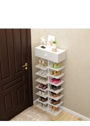 رف أحذية أرضي متعدد الوظائف مع رف تخزين وحامل زهور ورف كتب لتوفير المساحة في المداخل المنزلية وغرف المعيشة.