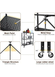 Uujuly Foldable Metal Storage Shelf, Space Saving 3-Tier Kitchen Shelving Storage Rack, Large Capacity Iron Wire Collapsible Shelves Organiser For Bedroom Living Room Office Garage No Assembly (Black)