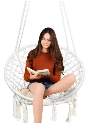 Hammock Chair - Macrame Swing Hanging Cotton Rope Chair Max Load 150kg Comfortable &amp; Sturdy Indoor/Outdoor Perfect for Courtyard &amp; Garden Beige