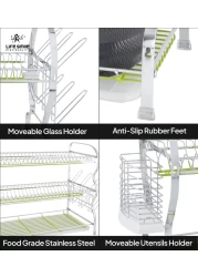 Life Smile Stainless Steel Dish Rack - 3 Tier with Utensils and Glass Holder Long Lasting and Durable