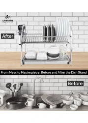LIFE SMILE Dish Rack - 2 Tier Countertop Dish Drying Stand With Removable Drip Tray - 18/10 Stainless Steel with Removable Utensil Holder - Anti Slip and Rust Proof Dish Drainer