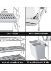 LIFE SMILE Dish Rack - 3 Tier Countertop Dish Drying Stand With Removable Drip Tray - Pure Aluminum with Cutlery Holder and Cups Holder - Anti Slip and Rust Proof Dish Drainer
