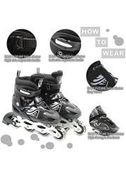 EASY FUTURE Inline Skates Adjustable Size Roller Skates with Flashing Wheels Children Skate Shoes Including Protective Gear Knee Elbow Wrist Black Large (39-42)