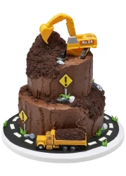 DecoPac Construction Dig Cake Decoration 2 Piece Cake Topper Set with Dump Truck and Moveable Excavator Food Safe Ready to Use For Birthday Themed Parties Celebration Yellow 11826