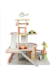 مرآب خشبي متعدد الطوابق للسيارات مع مصعد يعمل من 3 طوابق ومصعد ومضخة بنزين وغسيل سيارات و3 مركبات (سيارة وإسعاف وطائرة هليكوبتر) لعبة تعليمية