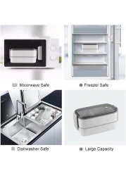 صندوق غداء من الستانلس ستيل - صندوق بينتو معزول متعدد الوظائف - صندوق غداء مع قسمين وادوات مائدة (ستانلس ستيل 304) مع شنطة غداء ماهمير (ازرق فاتح + شنطة غداء)