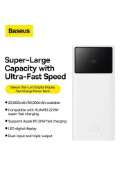 Baseus 30000.0 mAh Portable Charger Power Bank 30000mAh, 22.5W QC 3.0 PD 20W USB 3-Port 3A Fast Charging Charger C Battery Pack, Smart LED Display Phone for iPhone Series, Samsung, Android etc, White