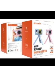 Porodo Lifestyle Kids Flip Digital Camera with Tripod Stand, 12MP (Extrapolated 48MP), 1080P Video, 2.4" Widescreen, 180&deg; Flip Lens, 5 Color Filters, 4 Hours Battery Life, Blue
